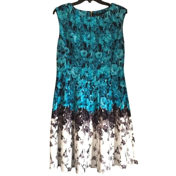 Julian Taylor Teal Floral Fit & Flare Dress Size 12‎ Summer Wedding Sleeveless - Picture 2 of 6